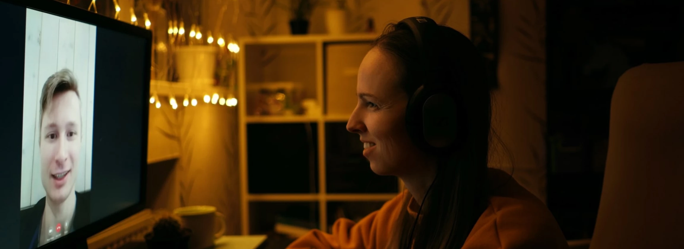 long distance video call man and woman using videoconference