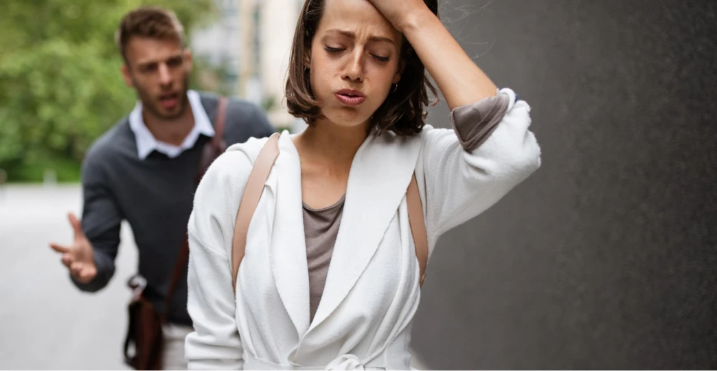 Breakup of couple with man and sad girlfriend outdoor