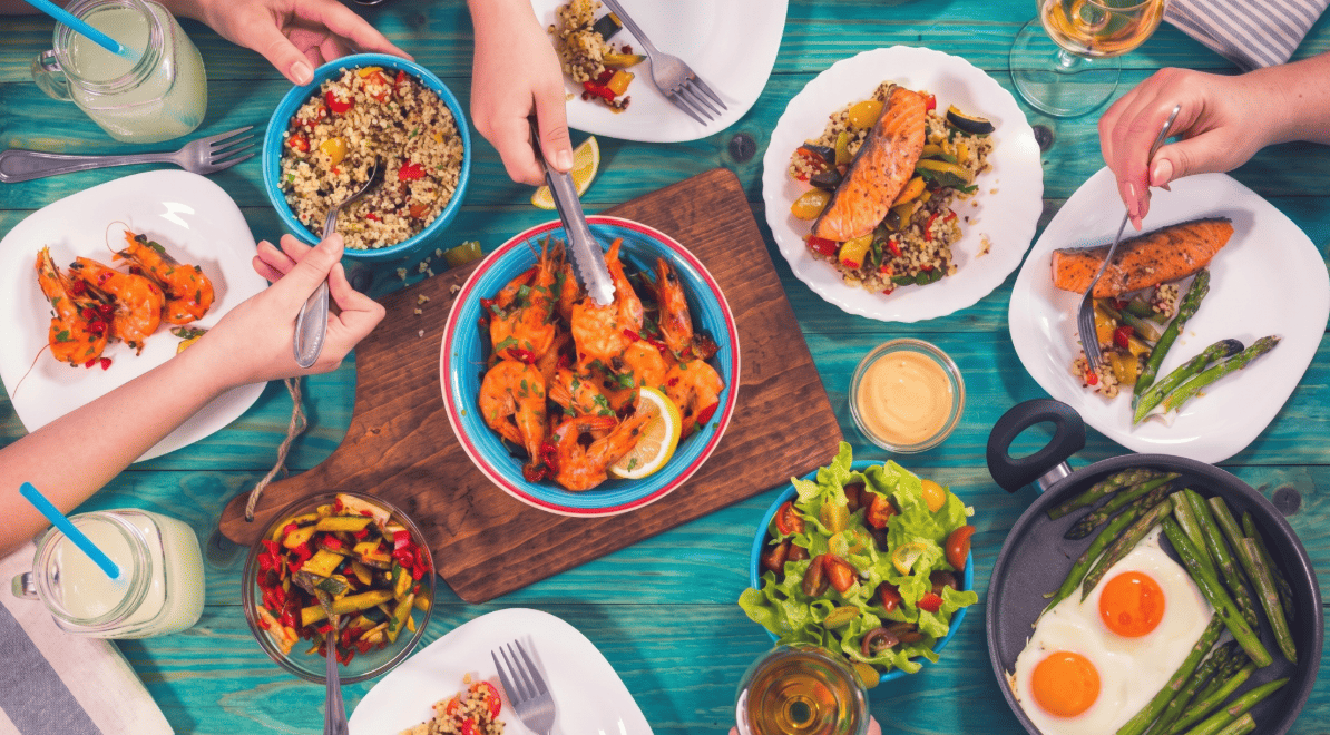 table with plates of food